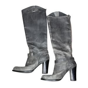 Charles David 6.5 Knee High Boots Block Heel Nubuck Leather Distressed Black